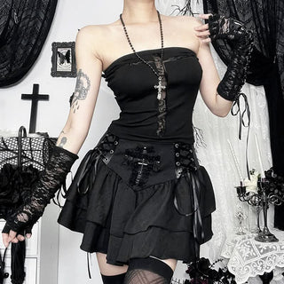 Cross print backless solid tube top