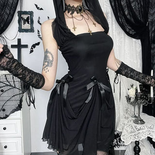 Bowknot hoodie square neck mesh 2-way maxi dress