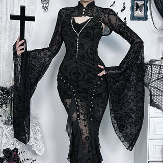 Long flared sleeve print solid mesh top