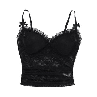 Bowknot lace v neck ruched cami top