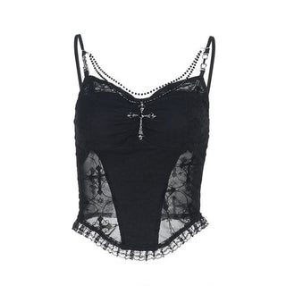 Lace hem v neck beaded ruched cami top