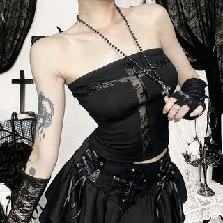 Cross print backless solid tube top