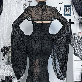 Long flared sleeve print solid mesh top