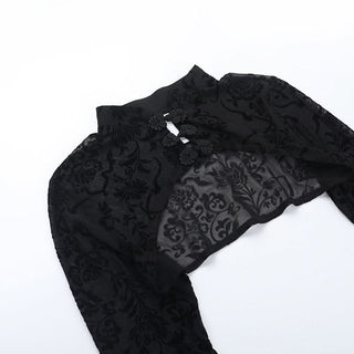 Long flared sleeve print solid mesh top