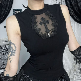 Crewneck mesh solid cross pattern top