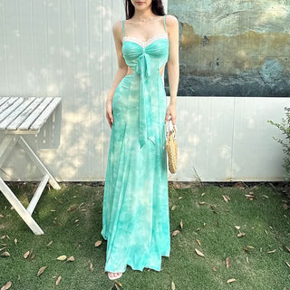 Ruched lace hem zip-up print v neck maxi dress