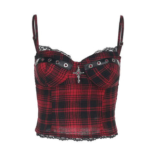 Plaid lace hem v neck smocked padded cami top