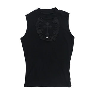 Crewneck mesh solid cross pattern top