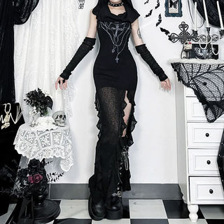 Hoodie print gloves slit ruffle maxi dress