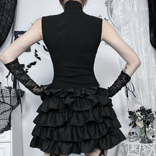 High neck ruffle lace hem ruched mini dress