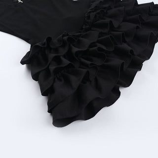 High neck ruffle lace hem ruched mini dress