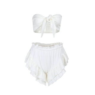 Knotted ruffle ruched solid tube pant set