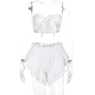 Knotted ruffle ruched solid tube pant set