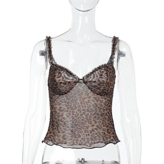 Leopard print v neck sheer mesh ruffle top