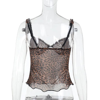 Leopard print v neck sheer mesh ruffle top