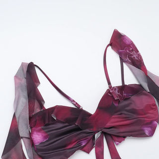 Irregular v neck flower print ruffle slit midi skirt set