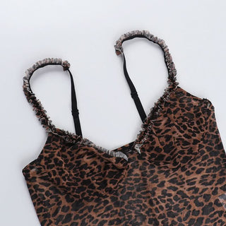 Leopard print v neck sheer mesh ruffle top