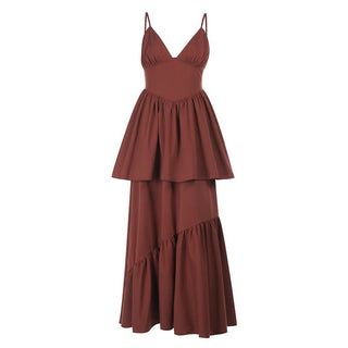 Ruched deep V neck smocked cami maxi dress