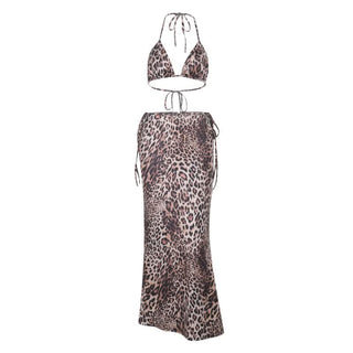 Leopard print self tie halter v neck maxi skirt set