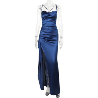 Zip-up satin slit v neck ruched cami maxi dress