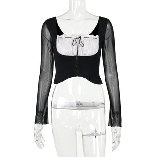 Long sleeve lace ruched self tie crop top