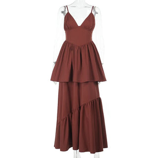Ruched deep V neck smocked cami maxi dress