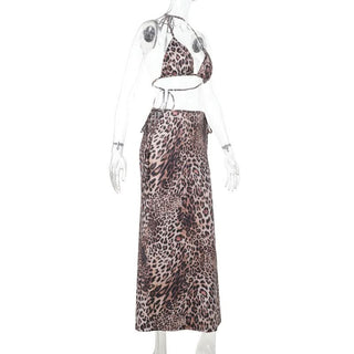 Leopard print self tie halter v neck maxi skirt set