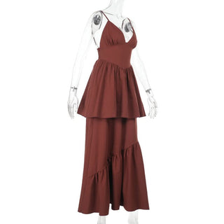 Ruched deep V neck smocked cami maxi dress