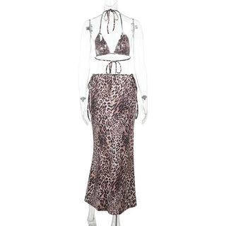 Leopard print self tie halter v neck maxi skirt set
