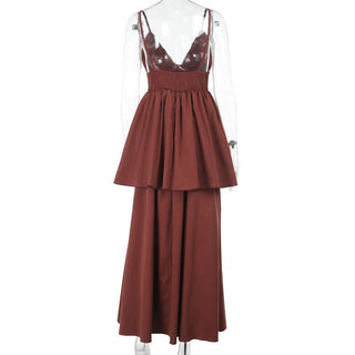 Ruched deep V neck smocked cami maxi dress
