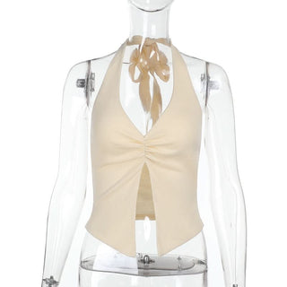 Slit halter self tie v neck solid ruched top