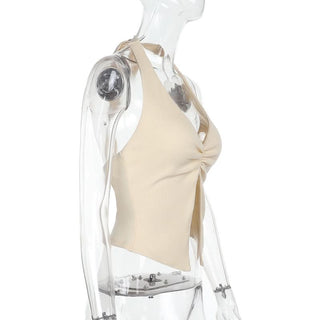 Slit halter self tie v neck solid ruched top