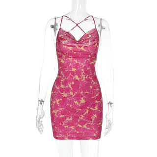 Cross back self tie cowl neck print mini dress