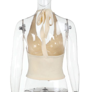 Slit halter self tie v neck solid ruched top