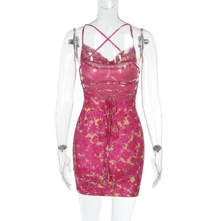 Cross back self tie cowl neck print mini dress