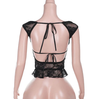 Lace self tie bowknot v neck see through top