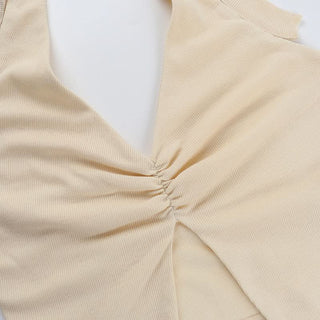 Slit halter self tie v neck solid ruched top