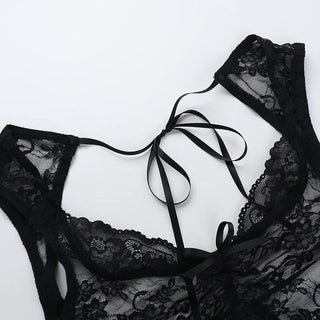 Lace self tie bowknot v neck see through top