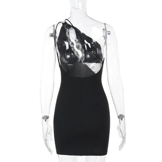 One shoulder lace hollow out irregular cut out mini dress