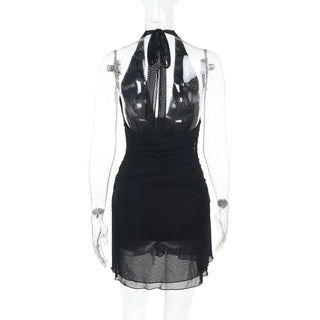 Halter self tie deep v neck slit ruched mini dress