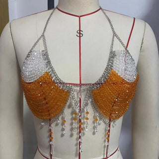 Halter u neck metal chain beaded top