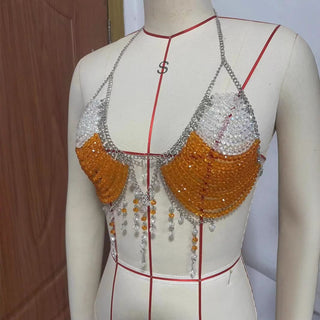 Halter u neck metal chain beaded top