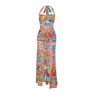 Halter self tie ruched print slit maxi dress