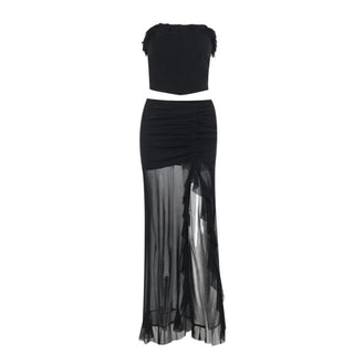 Ruffle slit ruched mesh tube maxi skirt set