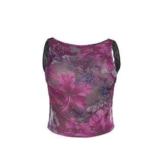 Beaded crewneck flower print lace hem mesh top