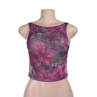 Beaded crewneck flower print lace hem mesh top