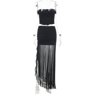Ruffle slit ruched mesh tube maxi skirt set