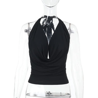 Cowl neck halter self tie solid backless top