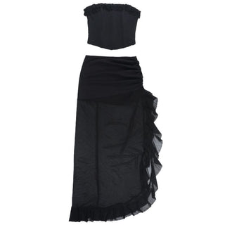 Ruffle slit ruched mesh tube maxi skirt set