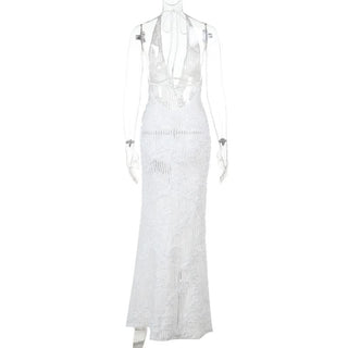 Self tie halter deep V neck hollow out cut out maxi dress